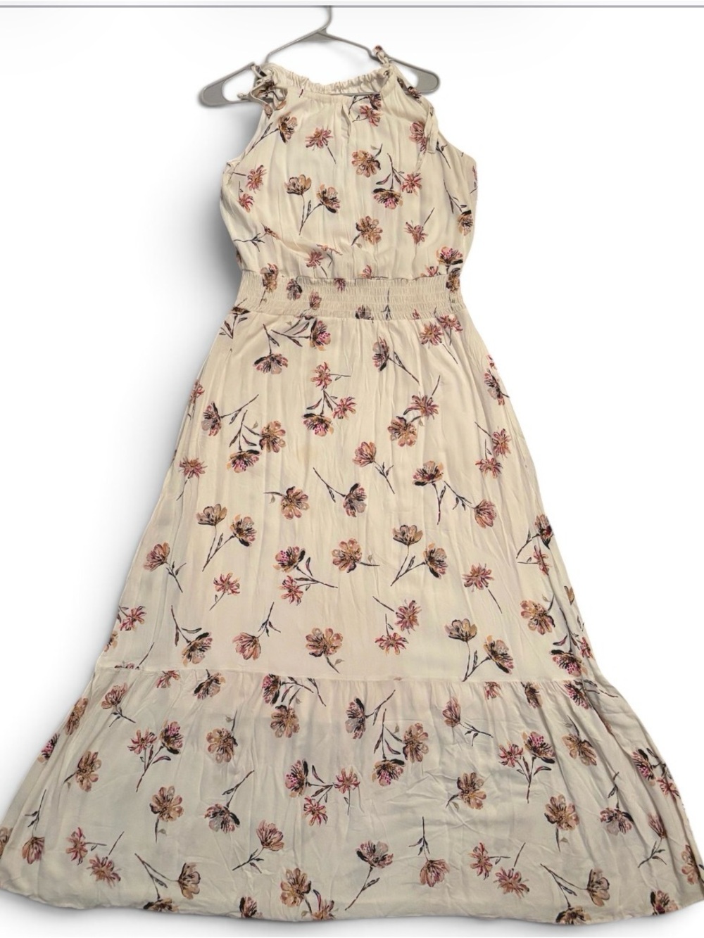 Maurices Cream Maxi Dress with Pink & Brown Floral Pattern